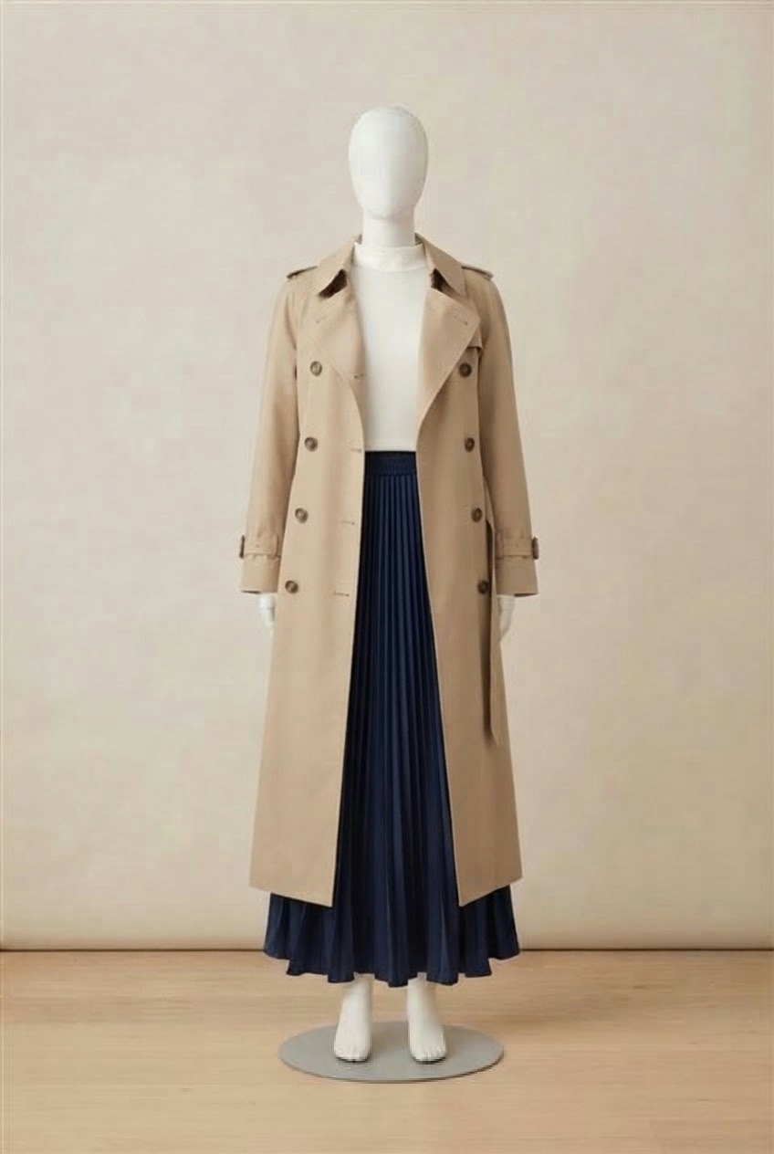 Mannequin dressed in a trench over a pleated maxi skirt by AI